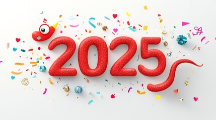 Adorable red snake with a long festive tail forming the 2025 text surrounded by colorful confetti and streamers celebrating the arrival of the new year in a whimsical cartoon like style
