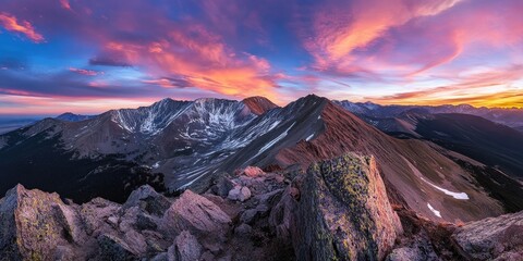 Obraz premium A professional photographer captured a stunning and colorful sunrise lighting up the mountain landscape in an impressive display of natures beauty and brilliance.