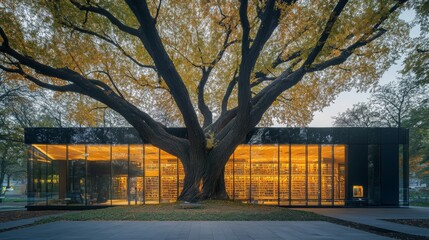 Tree-Centric Museum, an architectural marvel showcasing a grand tree with branches elegantly extending through the roof, blending nature and art.