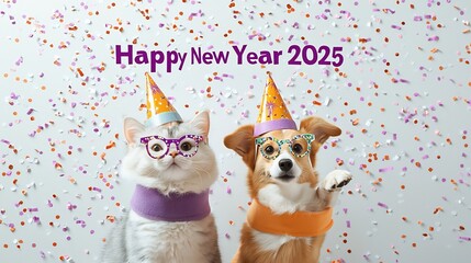 Adorable and cheerful cat and dog duo wearing festive New Year s party hats and funny glasses surrounded by confetti celebrating the arrival of 2025 in a fun and lively scene