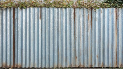 A weathered corrugated metal fence with rust and greenery at the top.