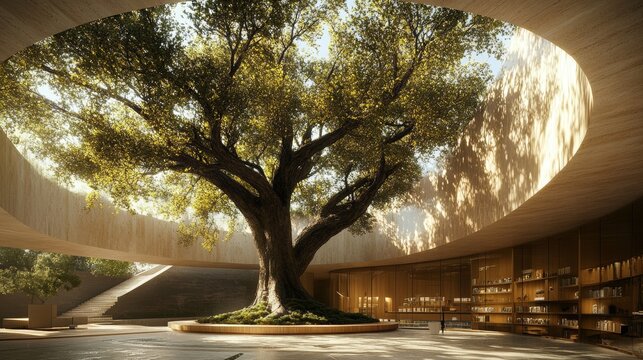 Tree-Centric Museum, an architectural marvel integrating nature with exhibits, featuring a grand tree whose branches extend through the roof