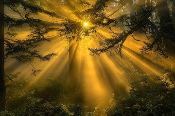 Obraz premium Golden Light Filtering Through the Forest Canopy