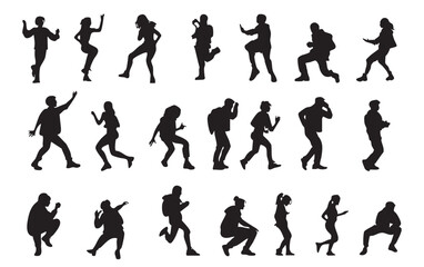 A striking set of black vector silhouettes depicting people in diverse activities and poses