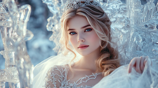 Young attractive woman snow queen in a dress sits on an ice throne