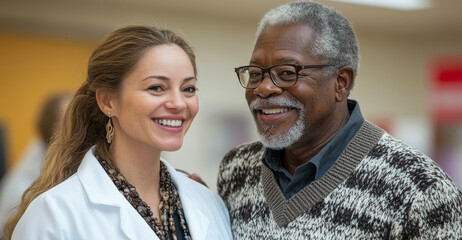A doctor and her senior patient exchange smiles while discussing health at a clinic, showcasing a warm and friendly atmosphere in the facility