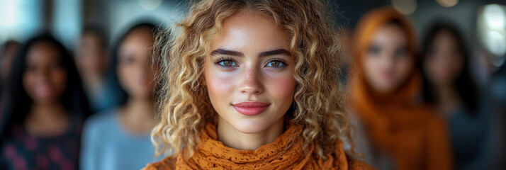 Fototapeta premium A group of young women with varied hair textures and styles stands together, showcasing diversity and unity in a modern indoor environment