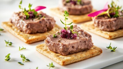 Delicate served on artisan crackers, sharp white backdrop, [appetizers], [gourmet traditions]