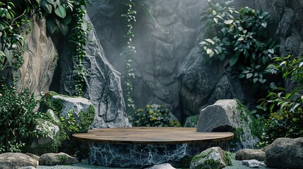 Obraz premium Sophisticated 3D Product Display: Forest Green Podium with Wooden and Stone Texture, Ideal for Showcasing Cosmetics, Jewelry, or Luxury Goods