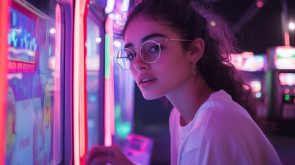 The image captures a woman in a brightly lit arcade