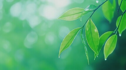 Obraz premium A high-resolution image shows a magnified view of a verdant leaf resting on a tree limb, with glistening dewdrops adorning its surface The background
