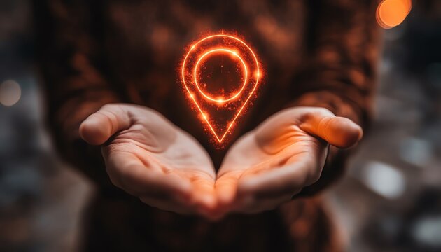 Person holding an icon of a location marker with a user symbol
