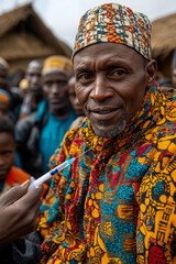 Fototapeta premium An elderly man dressed in a colorful traditional outfit receives a vaccination from a health worker at a busy community health event