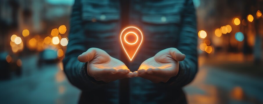 Person holding an icon of a location marker with a user symbol