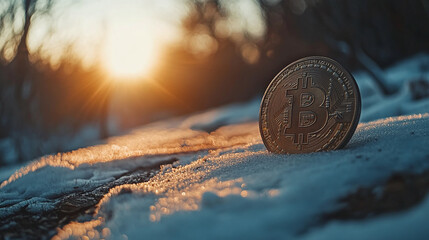 Bitcoin cryptocurrency coin on a snowy meadow
