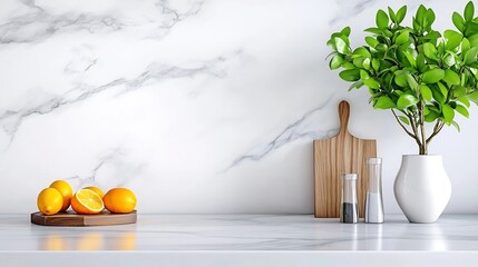 Bright and clean modern kitchen with marble countertop and home decor elements