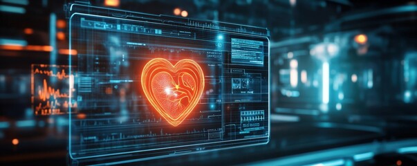 Obraz premium The biometric sensor, integrated into the screen, can read various biological characteristics. A glowing heart symbol displayed on a futuristic digital interface.