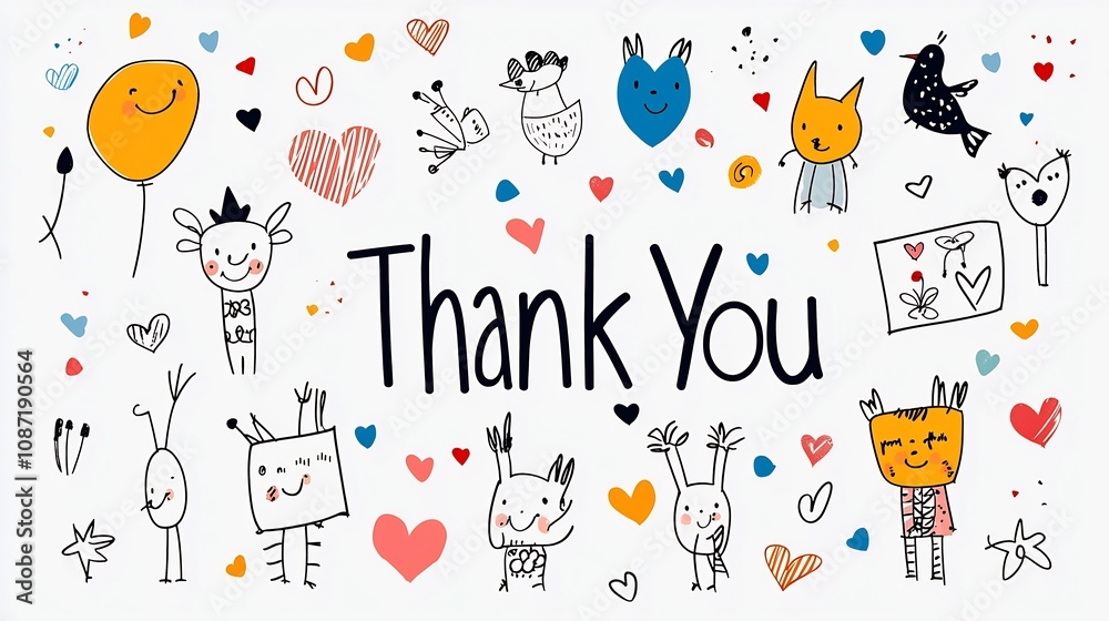 Poster colorful hand drawn thank you text with a whimsical and happy style decorated with tiny hearts and c