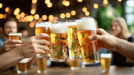 A group of business colleagues raising beer glasses in a joyful toast surrounded by warm and vibrant bokeh lights creating a festive atmosphere for a celebratory corporate gathering or event