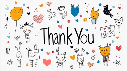 Colorful hand drawn  Thank You  text with a whimsical and happy style decorated with tiny hearts and confetti ideal for a kids  card or any other greeting card on a clean white background