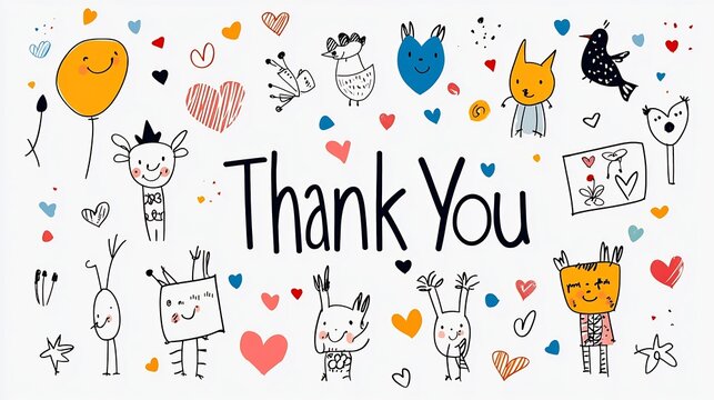 Colorful hand drawn  Thank You  text with a whimsical and happy style decorated with tiny hearts and confetti ideal for a kids  card or any other greeting card on a clean white background
