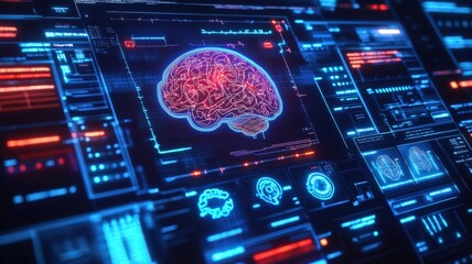 Obraz premium The biometric sensor, integrated into the screen, can read various biological characteristics. A digital representation of a brain surrounded by high-tech interface elements.