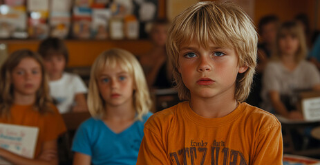 A young boy in an orange shirt listens closely in a summer classroom while peers display curiosity and focus on the lesson being taught