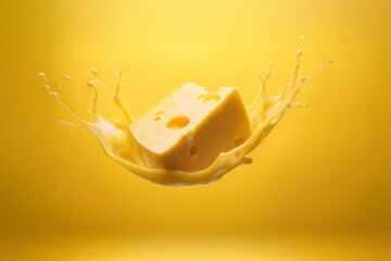 Cheese splash floating in the air yellow surface. cheese isolated on yellow background. cheeseting concept image with copy space.