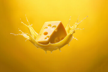 Cheese splash floating in the air yellow surface. cheese isolated on yellow background. cheeseting concept image with copy space.