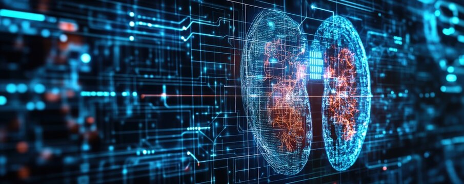 The biometric sensor, integrated into the screen, can read various biological characteristics. 
A futuristic digital representation of kidney.