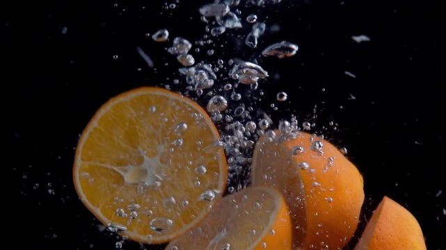 Fresh Oranges Plunging Into Water In Super Slow Motion, Creating Dynamic Splashes And Air Bubbles Against A Black Background. Shot In 4k At 240fps For Stunning Detail.