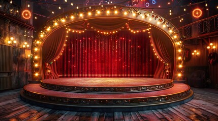 A vibrant 3D rendered circus stage, perfect for event promotions, circus posters, or as a captivating background for various design projects