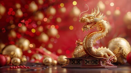3D Render of a Golden Dragon on Podium: Perfect for Lunar New Year Celebrations and Asian-Themed Designs. This high-resolution image is ideal for websites, social media