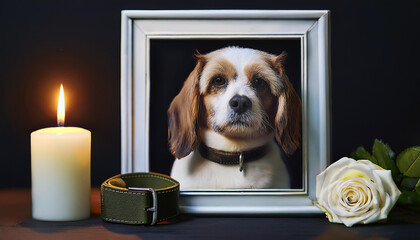 Frame with picture of dog, collar, burning candle and white rose on black table. Pet funeral concept.