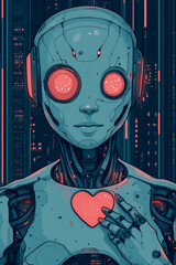 A humanoid robot with red eyes interacts with its glowing heart in a vibrant, neon-lit city, symbolizing technology and connection