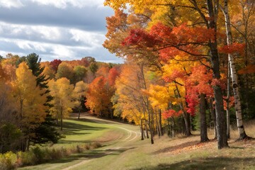 A beautiful display of changing autumn colors on the trees in a forest landscape, fall, outdoor setting, deciduous trees, tree branches