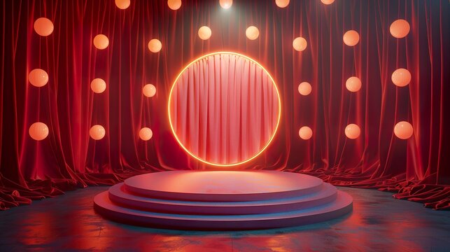 Whimsical 3D Podium on Circus Stage with Glowing Carnival Lights and Red Curtain: Ideal for product display, presentations, announcements, or showcasing whimsical circus themes