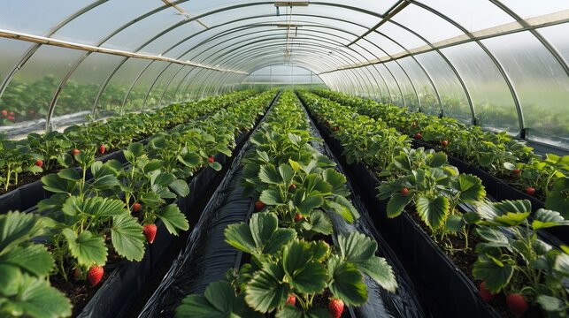 Rows of strawberry plants growing in greenhouse tunnel system