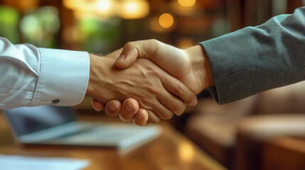 Two hands meet in a firm handshake, symbolizing a successful agreement between professionals in a contemporary office during midday
