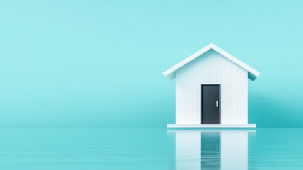 Minimalist house on calm water with a soothing backdrop.