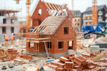 Miniature Brick House Construction Progresses Steadily on Site with Scaffolding and Tiles