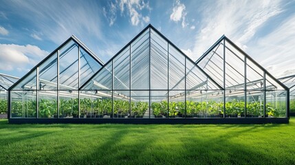 Industrial greenhouse growing vegetables under a cloudy sky