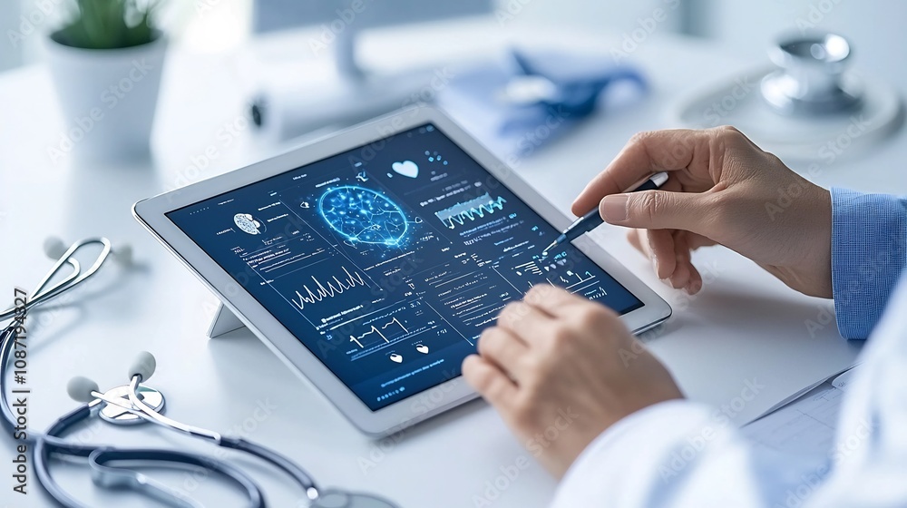 Poster Advanced healthcare technology scene featuring an algorithm displaying detailed health metrics and patient data on a digital tablet