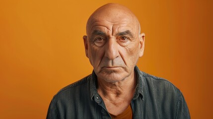 Obraz premium A man with a bald head and a beard is standing in front of a yellow background. He has a serious expression on his face