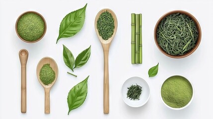 Naklejka premium A green-leafed table, adorned with bowls and spoons, holds various types of leaves and matchsticks beside bowls of matching utensils