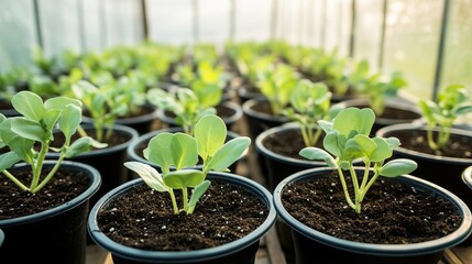 Seedlings growing in pots inside greenhouse at sunset