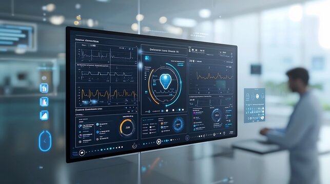 Digital showcasing an AI enhanced healthcare dashboard where professionals collaborate with advanced technology to harness data insights drive informed decision making
