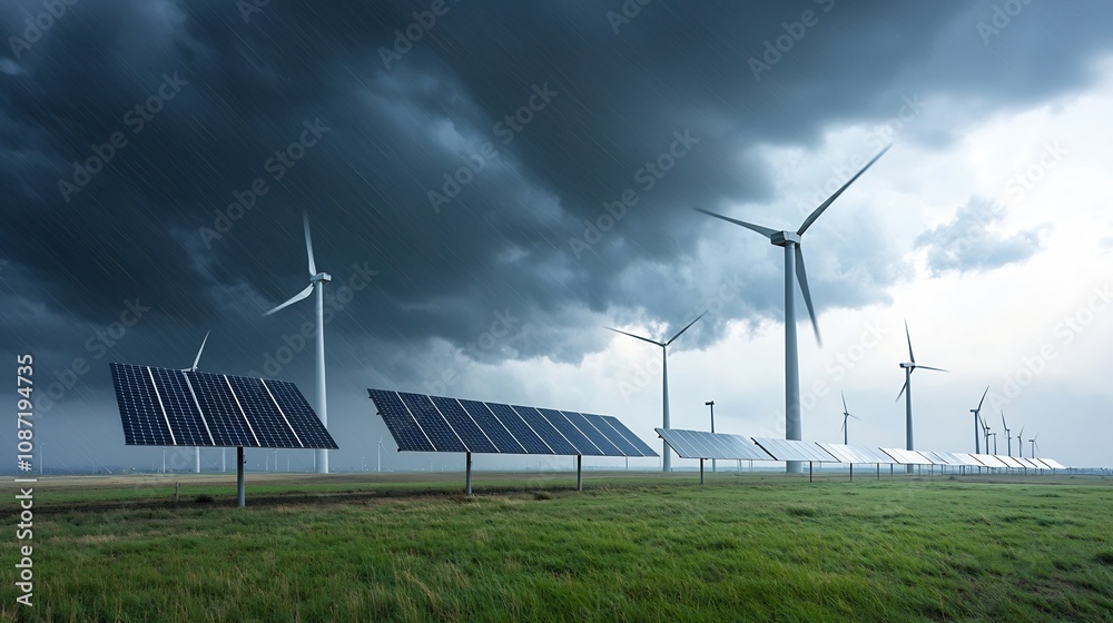 Aufkleber dramatic landscape with a solar panel array and wind turbines set against a stormy cloudy sky repres