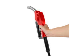Hands holding Fuel red nozzle with hose, transparent background