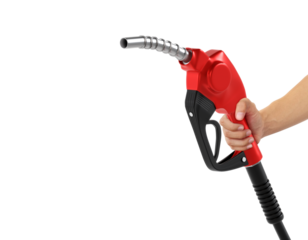 Hands holding Fuel red nozzle with hose, transparent background